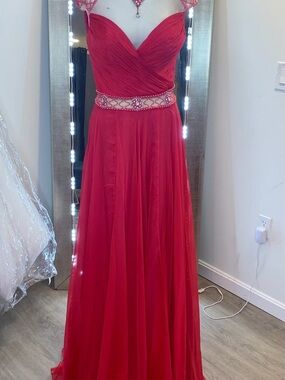 Tarik Ediz Red Beaded Waist Prom Gown